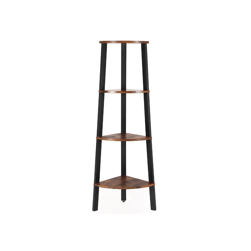 Four Tier Ladder Style Wooden Corner Shelf With Iron Framework, Brown And Black- Saltoro Sherpi