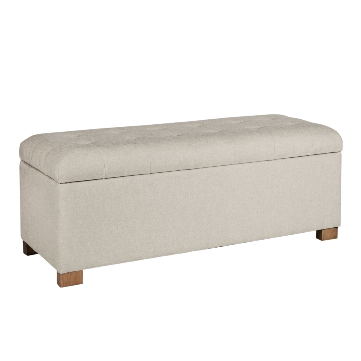 Polyester Upholstery Bench With Button Tufted Hinged Lid Storage And Wood Feet, Large, Light Gray- Saltoro Sherpi