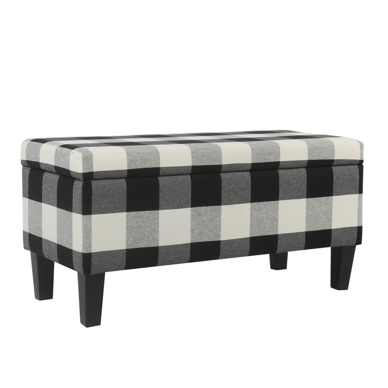Checkered Pattern Fabric Upholstered Storage Bench With Tapered Wood Legs, Large, Black And White- Saltoro Sherpi