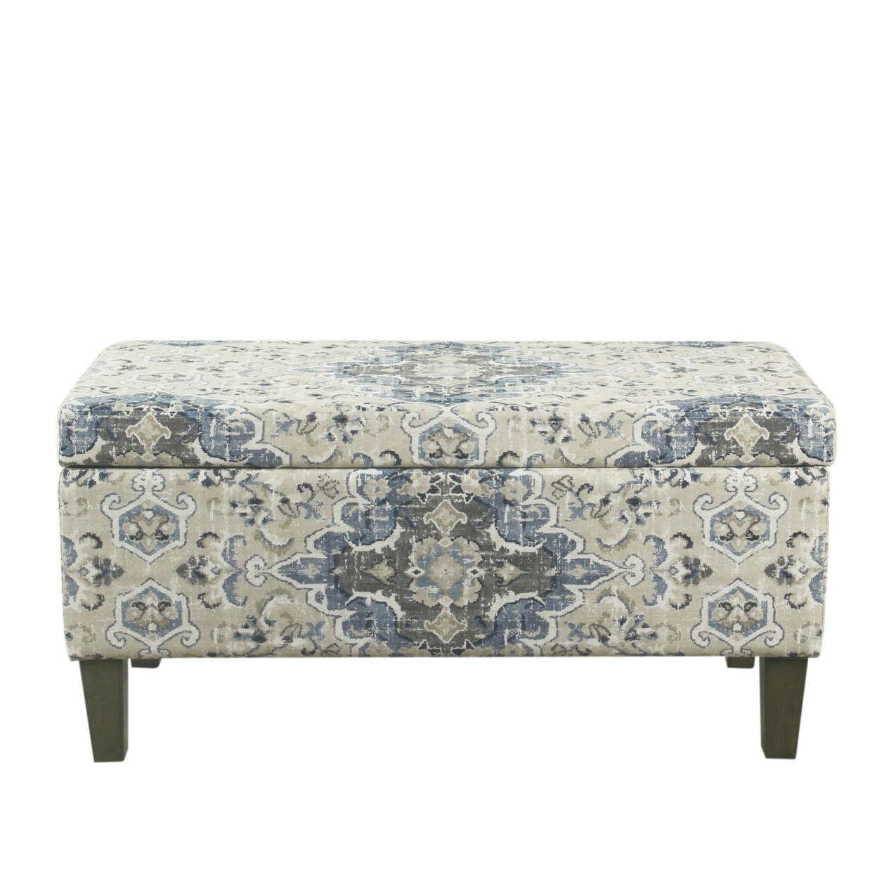 Medallion Print Fabric Upholstered Wooden Bench With Hinged Storage, Large, Blue And Cream- Saltoro Sherpi