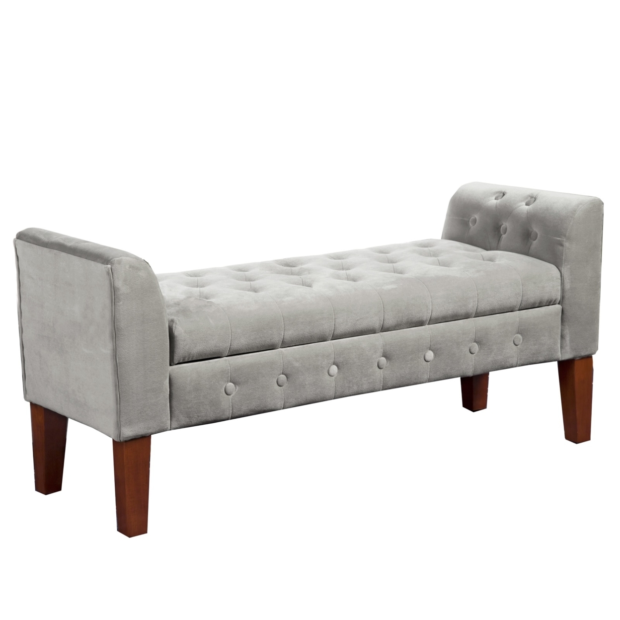 Velvet Upholstered Button Tufted Wooden Bench Settee With Hinged Storage, Gray And Brown- Saltoro Sherpi