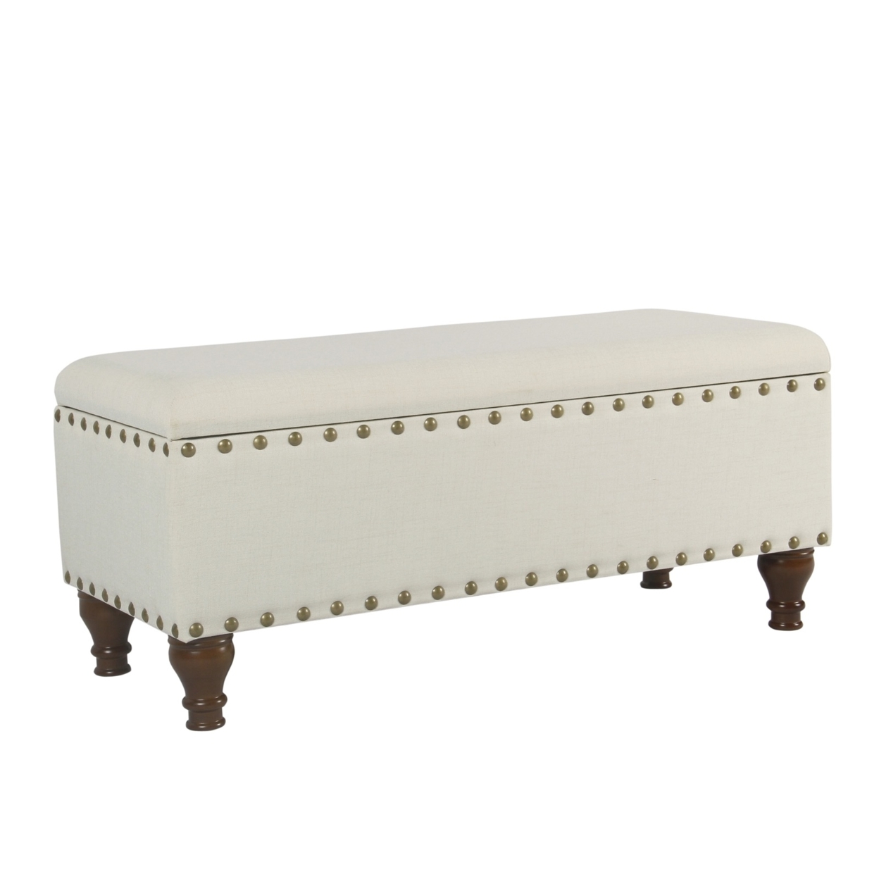 Fabric Upholstered Wooden Storage Bench With Nail Head Trim, Large, Cream And Brown- Saltoro Sherpi
