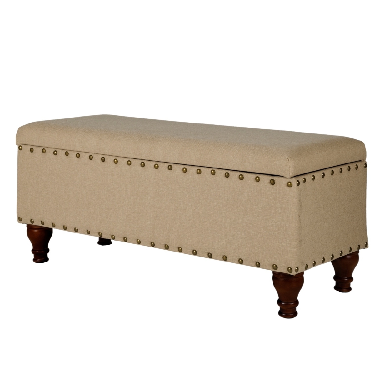 Fabric Upholstered Wooden Storage Bench With Nail head Trim, Large, Tan Brown