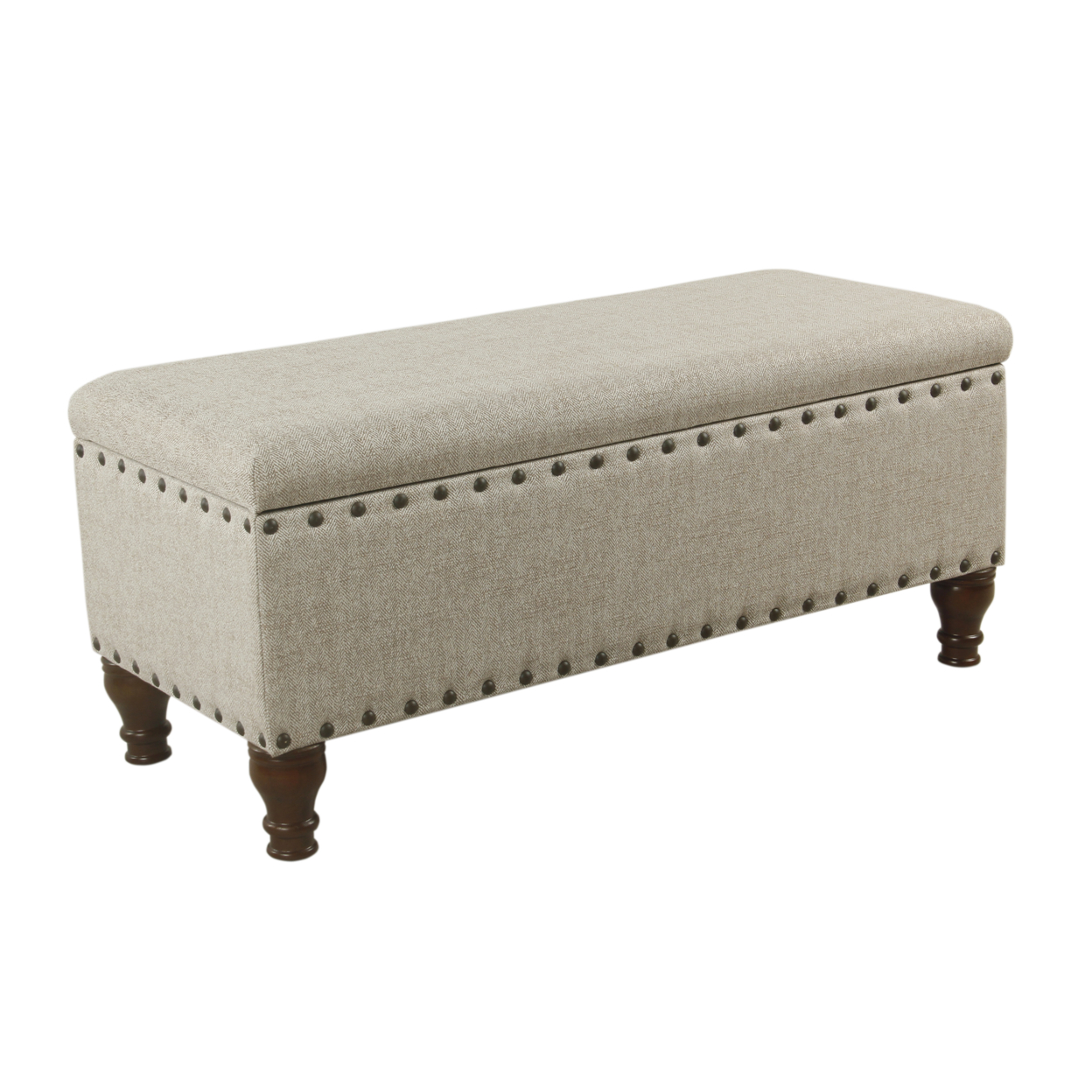 Textured Fabric Upholstered Wooden Storage Bench With Nail Head Trim, Large, Beige And Brown- Saltoro Sherpi