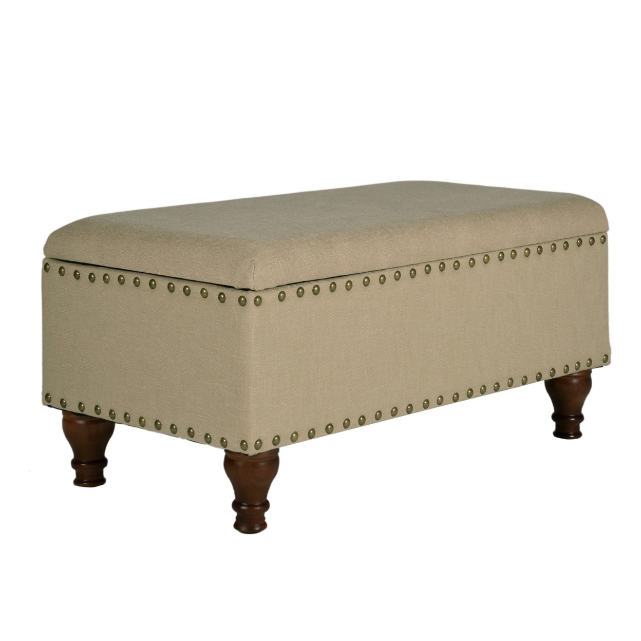 Saltoro Sherpi Fabric Upholstered Wooden Storage Bench With Nail head Trim, Large, Beige and Brown