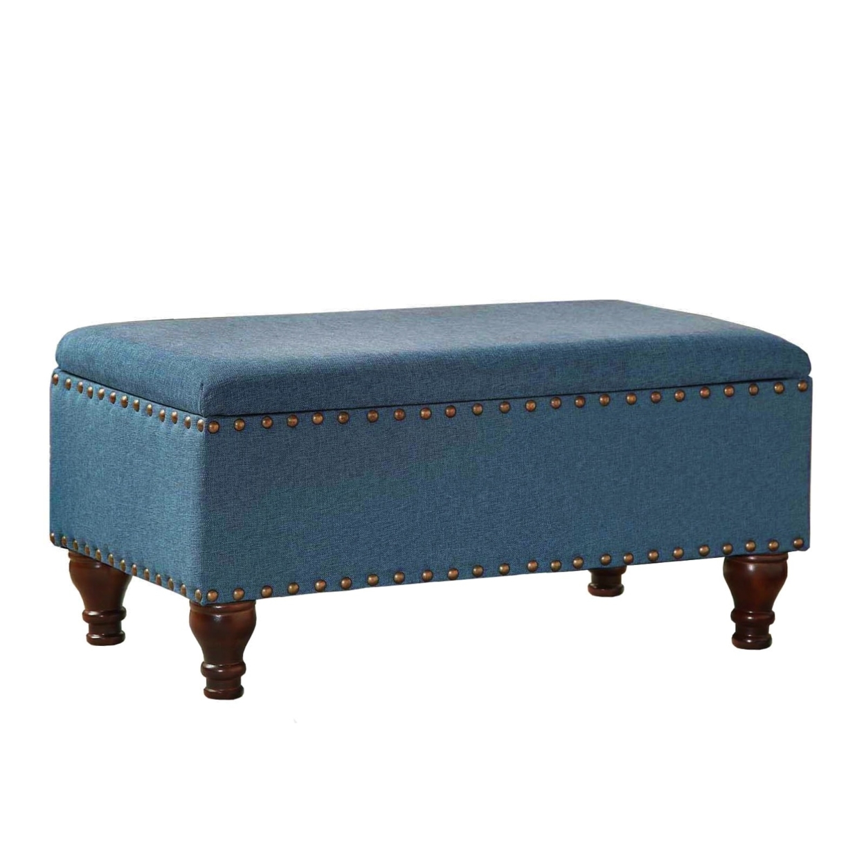 Fabric Upholstered Wooden Storage Bench With Nail Head Trim, Large, Blue And Brown- Saltoro Sherpi