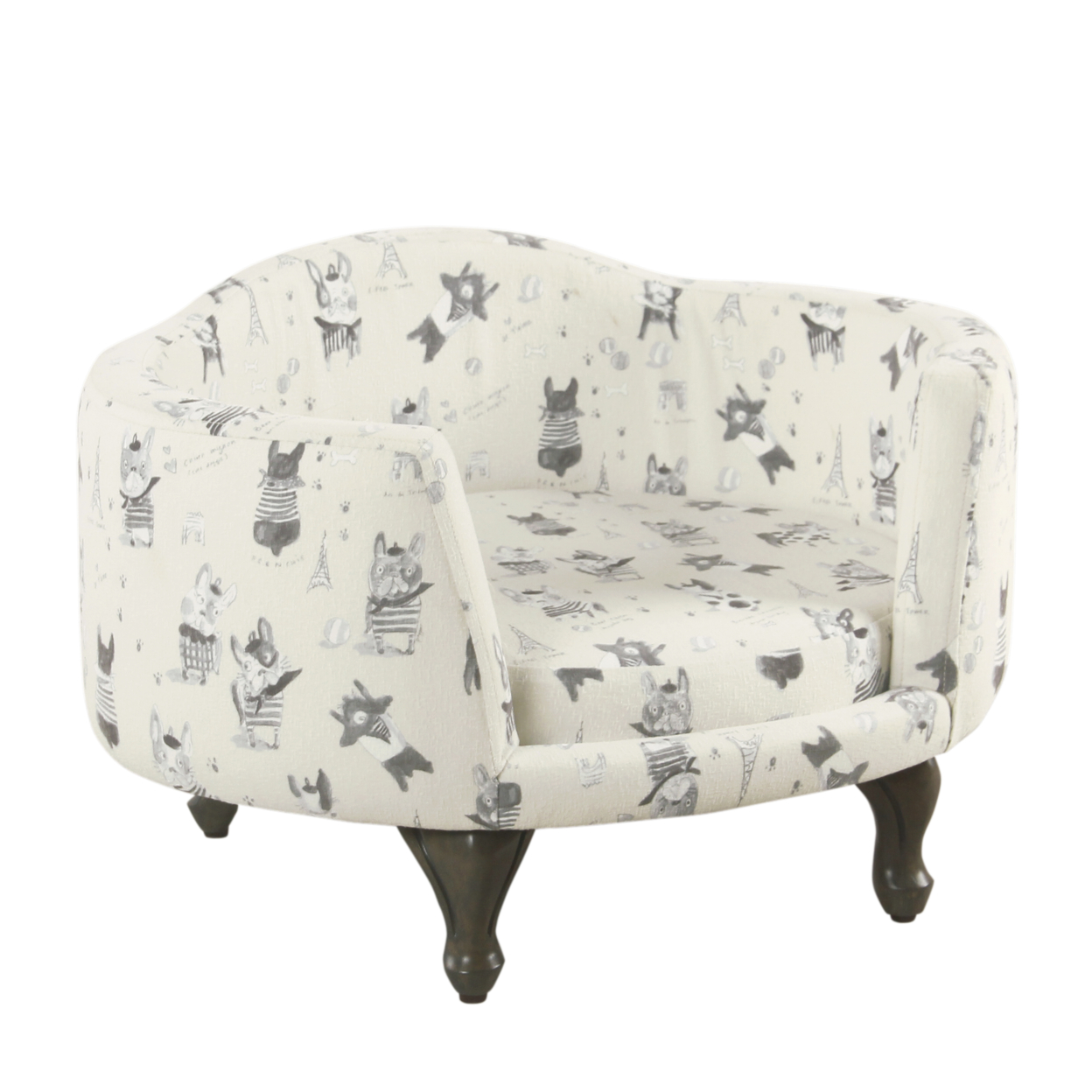 Wooden Pet Bed With French Bulldog Print Fabric Upholstery, Cream And Gray- Saltoro Sherpi