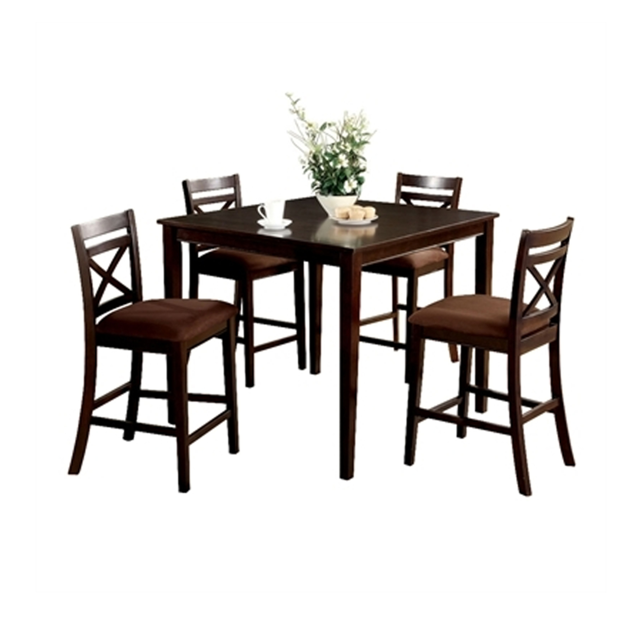 5 Piece Wooden Counter Height Table With Crossback Chairs, Espresso Brown- Saltoro Sherpi