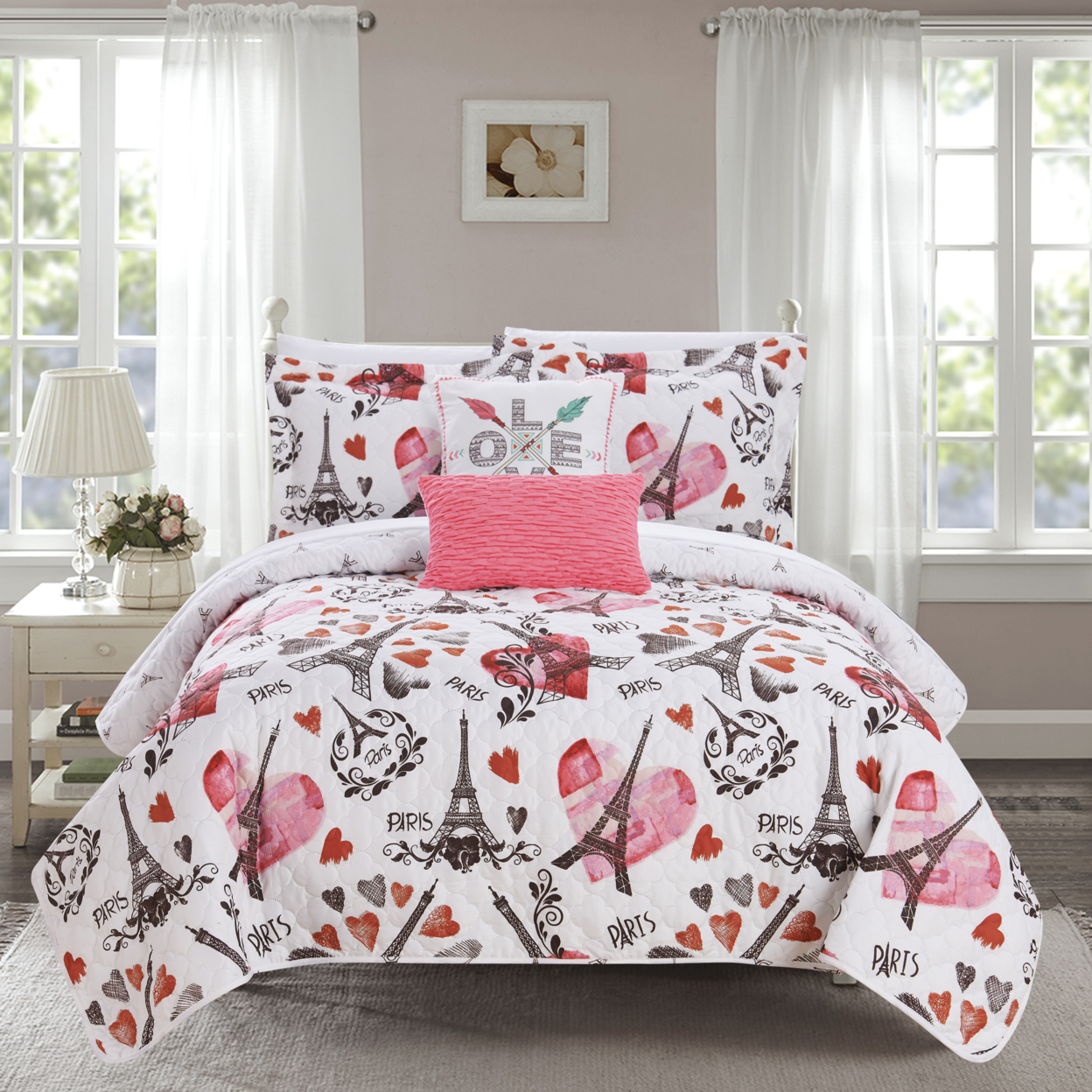 Alphonse 5 Or 4 Piece Reversible Quilt Set Paris Is Love Inspired Printed Design Coverlet Bedding - Pink, Queen