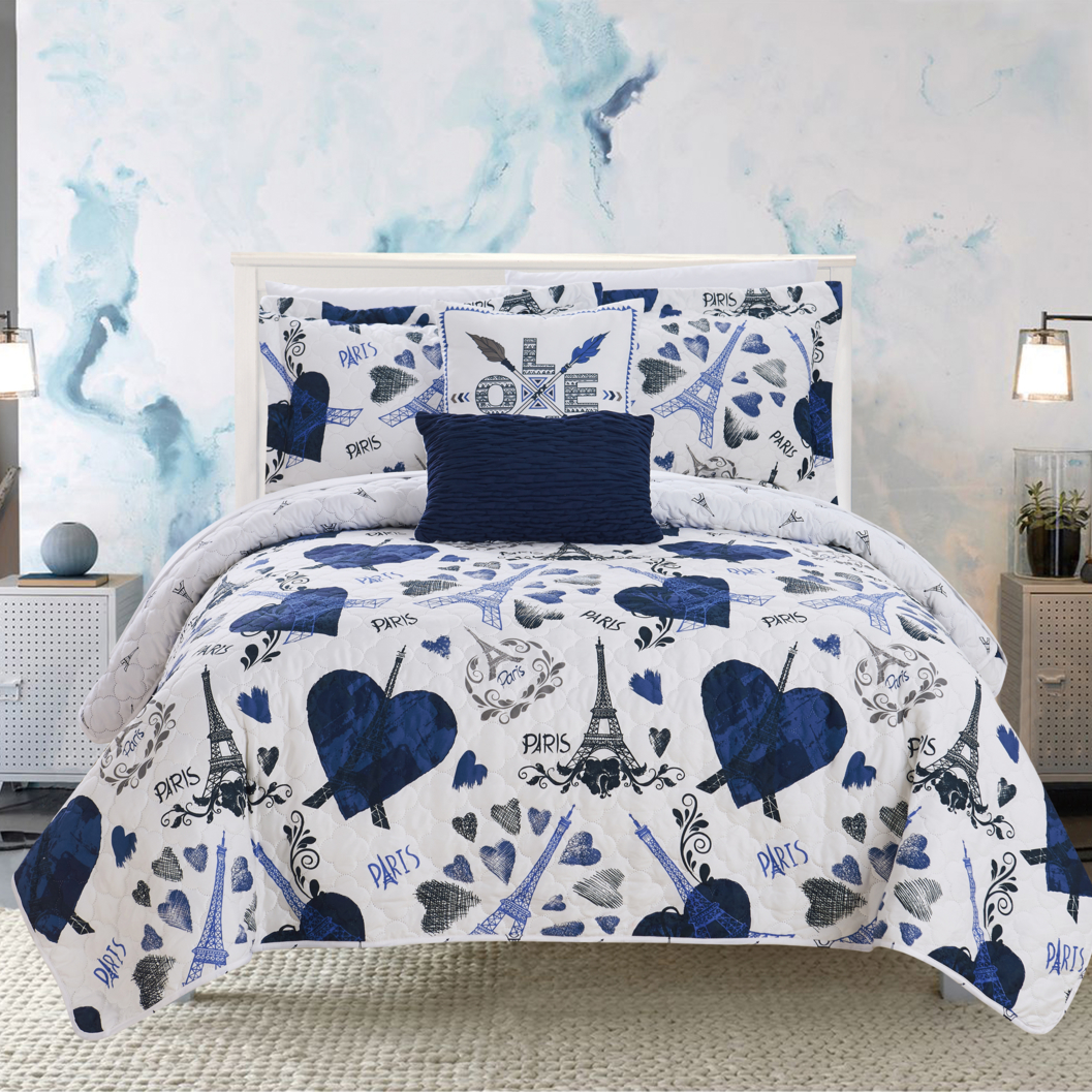 Alphonse 5 Or 4 Piece Reversible Quilt Set Paris Is Love Inspired Printed Design Coverlet Bedding - Navy, Queen
