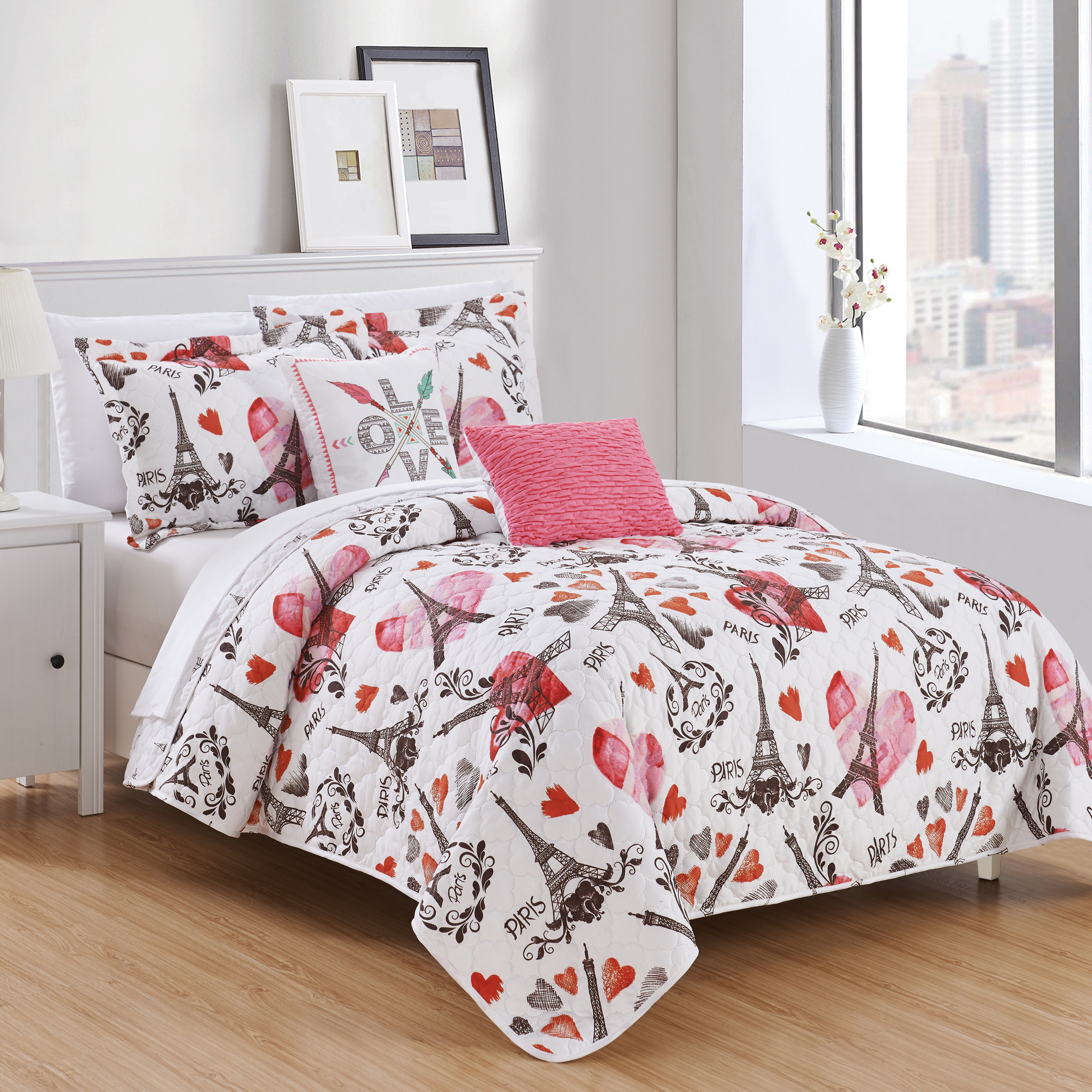 Alphonse 5 Or 4 Piece Reversible Quilt Set Paris Is Love Inspired Printed Design Coverlet Bedding - Pink, Full