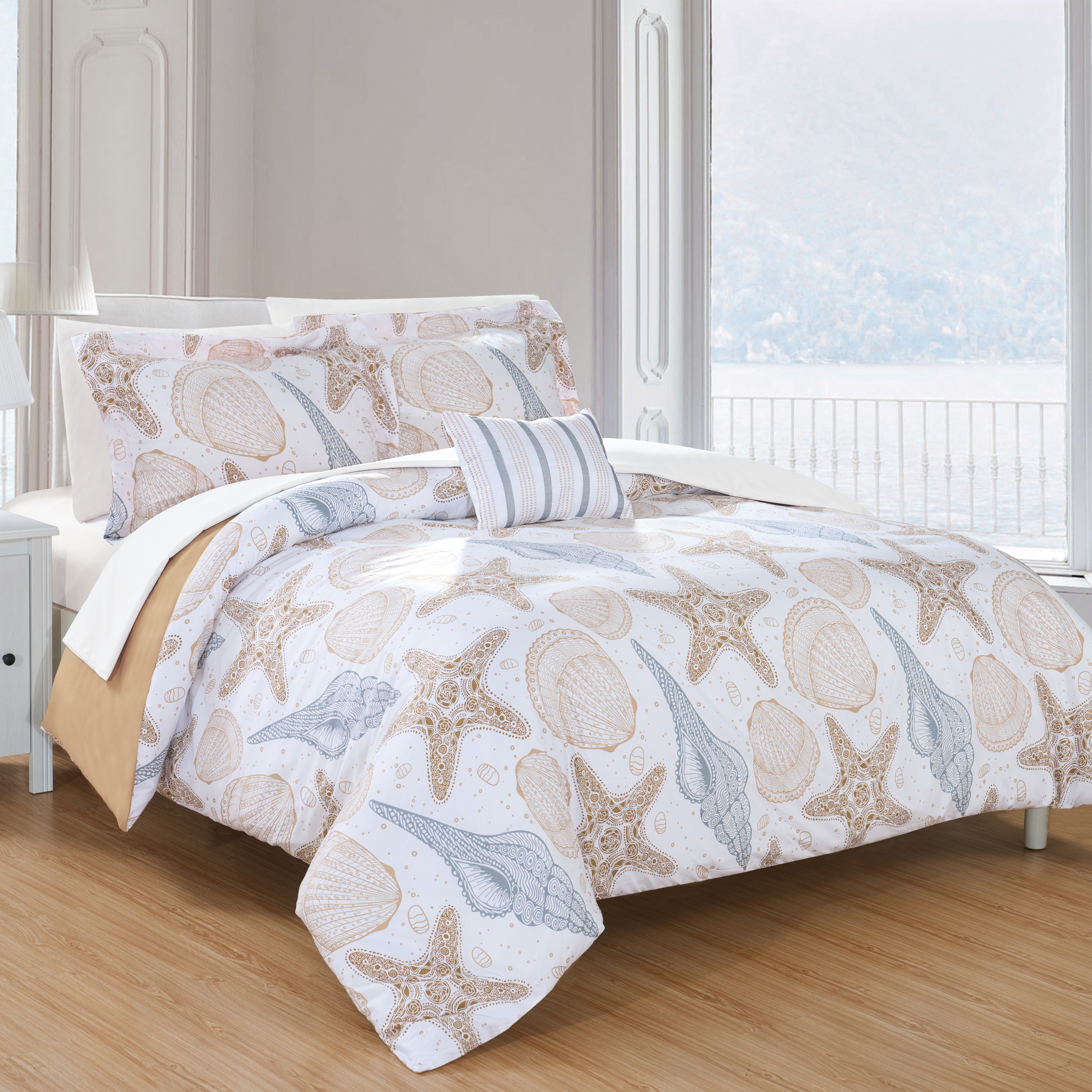 Candace 4 Or 3 Piece Reversible Duvet Cover Set Sea, Sand, Surf Theme Print Design Bedding - Brown, Twin