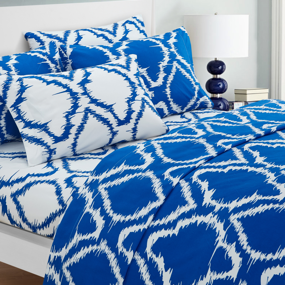 Dalisay 6 Or 4 Piece Sheet Set Contemporary Ikat Medallion Print Pattern Design - Blue, Queen