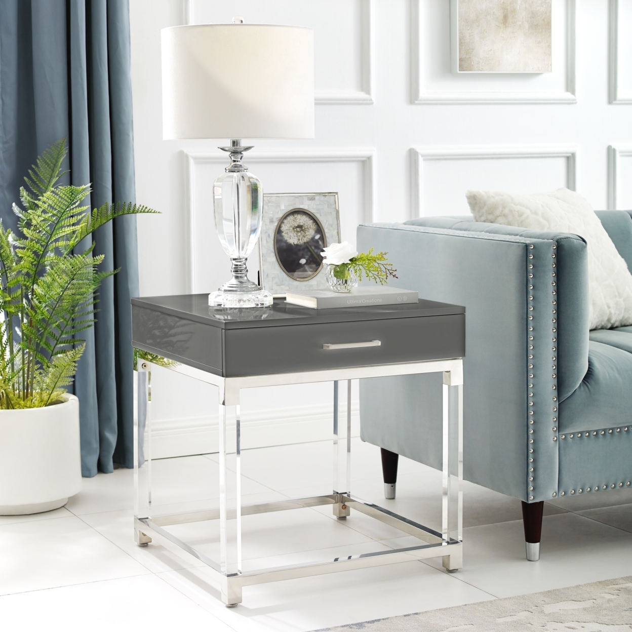 Jerome End Table-High Gloss-Acrylic Legs-Metal Base-Modern Design - White/Chrome