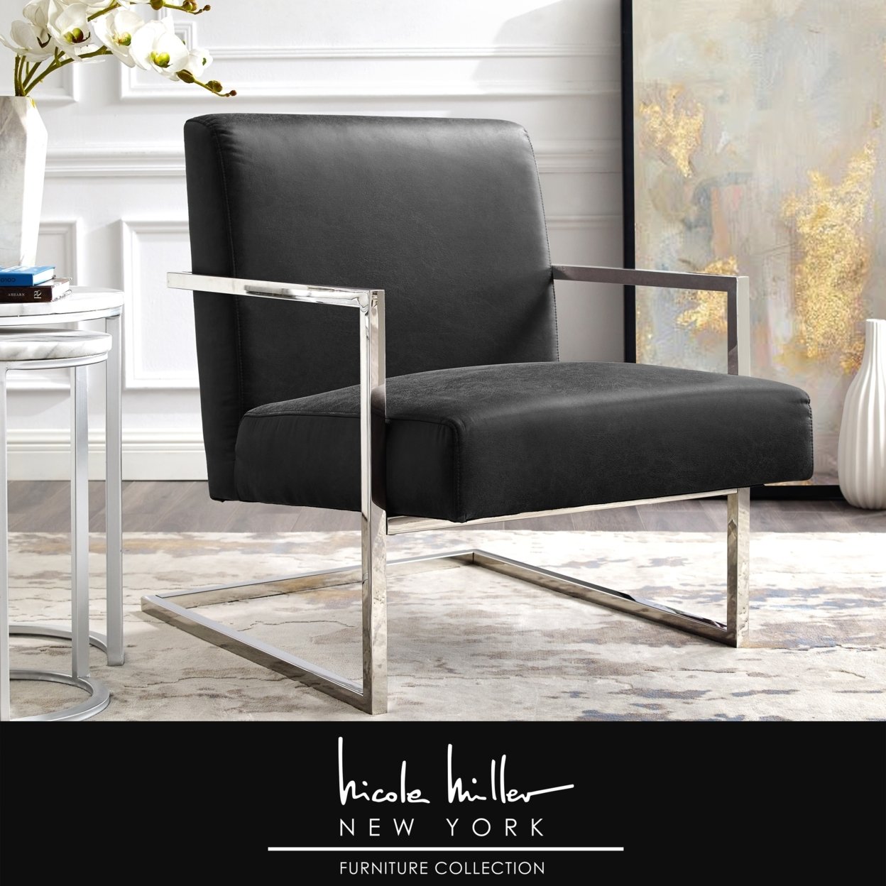 Nicole Miller Frankie Accent Chair-Upholstered-Metal Frame-Square Style - Charcoal/chrome Leather