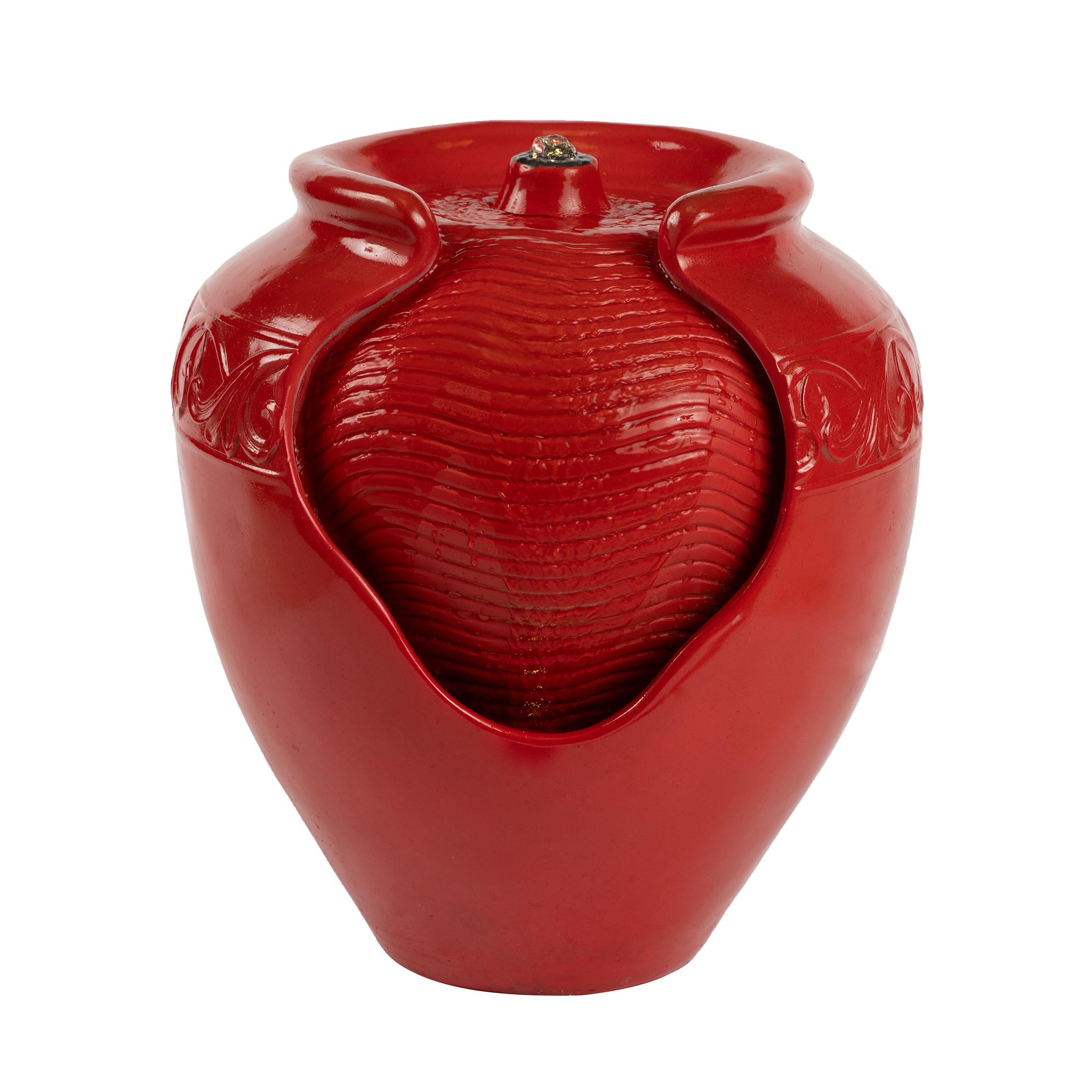 Jar Water Fountain â Indoor Outdoor Ceramic-Look Glazed Pot Resin Waterfall Electric Pump LED Lights - Imperial Red