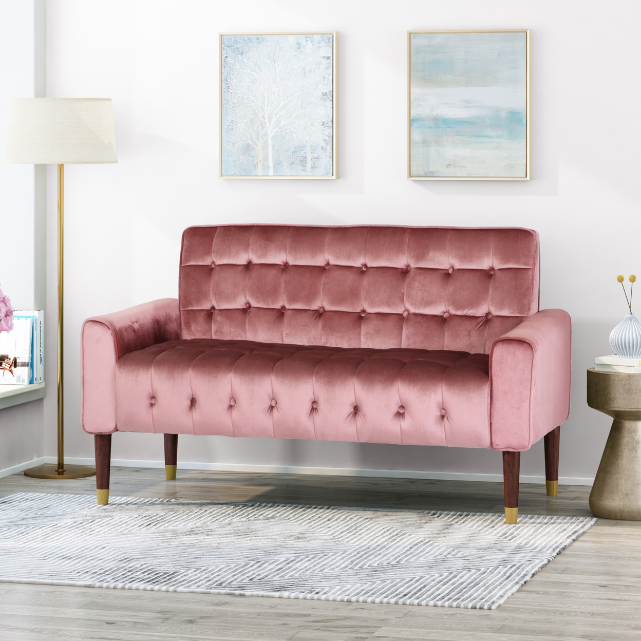 Aubrie Tufted Velvet Loveseat With Gold Tipped Tapered Legs - Blush