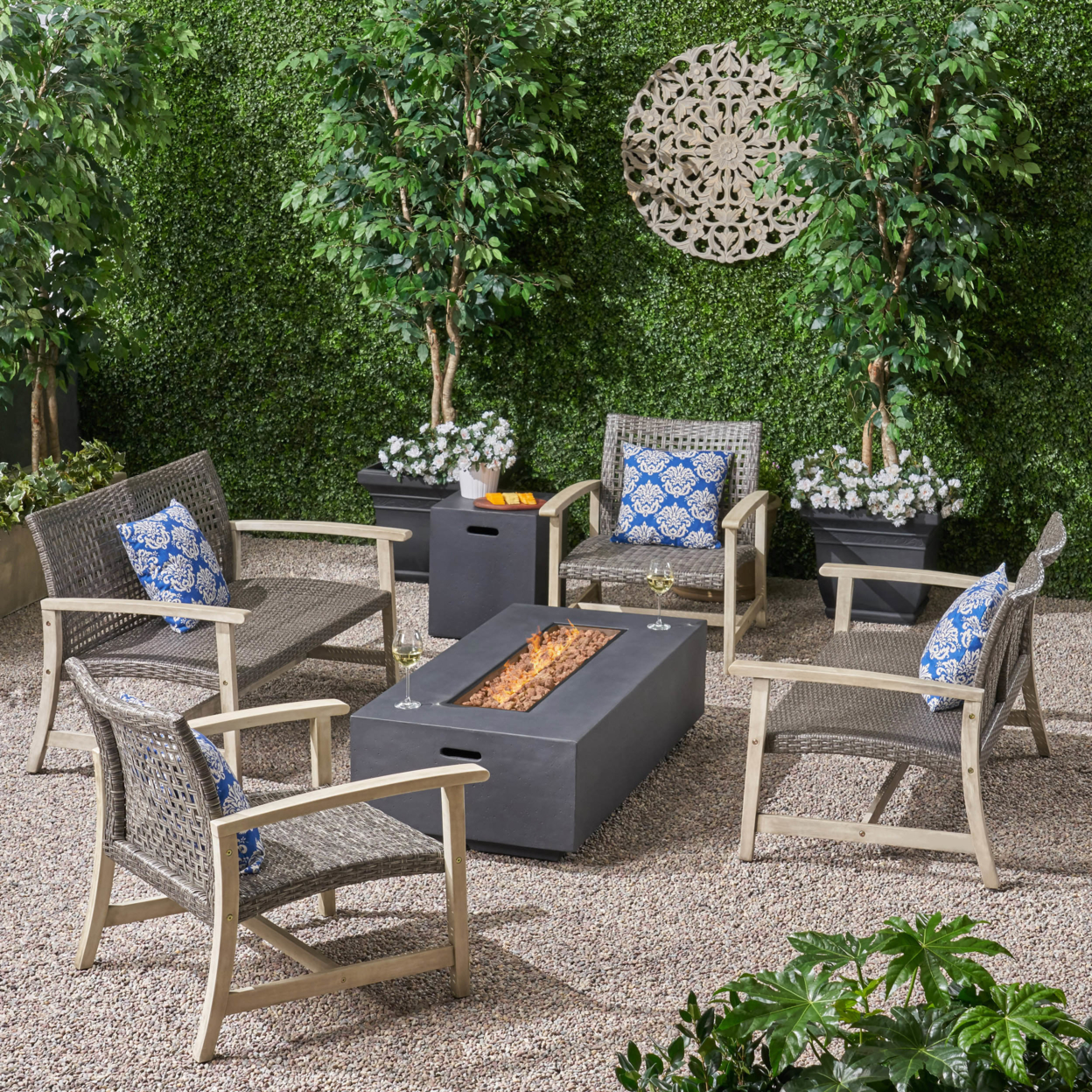 Augusta Outdoor 6 Piece Wood And Wicker Chat Set With Fire Pit - Mixed Black, Light Gray Washed Finish