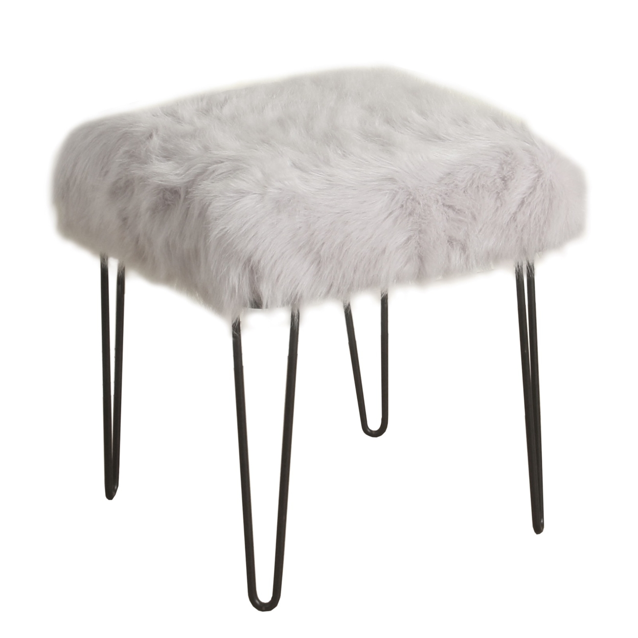 Metal Framed Stool With Faux Fur Upholstered Seat And Hairpin Legs, Gray And Black- Saltoro Sherpi