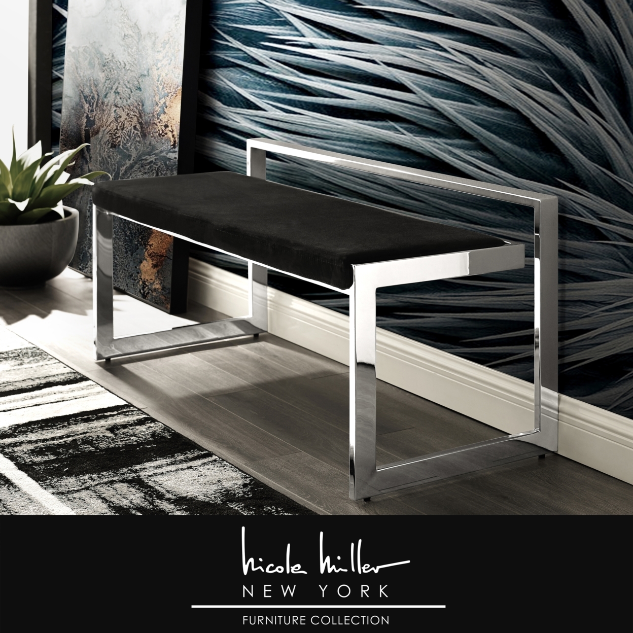 Nicole Miller Rashad Velvet Bench-Rectangular-Stainless Steel Base-Geometric Design-Modern Contemporary - Black/Chrome