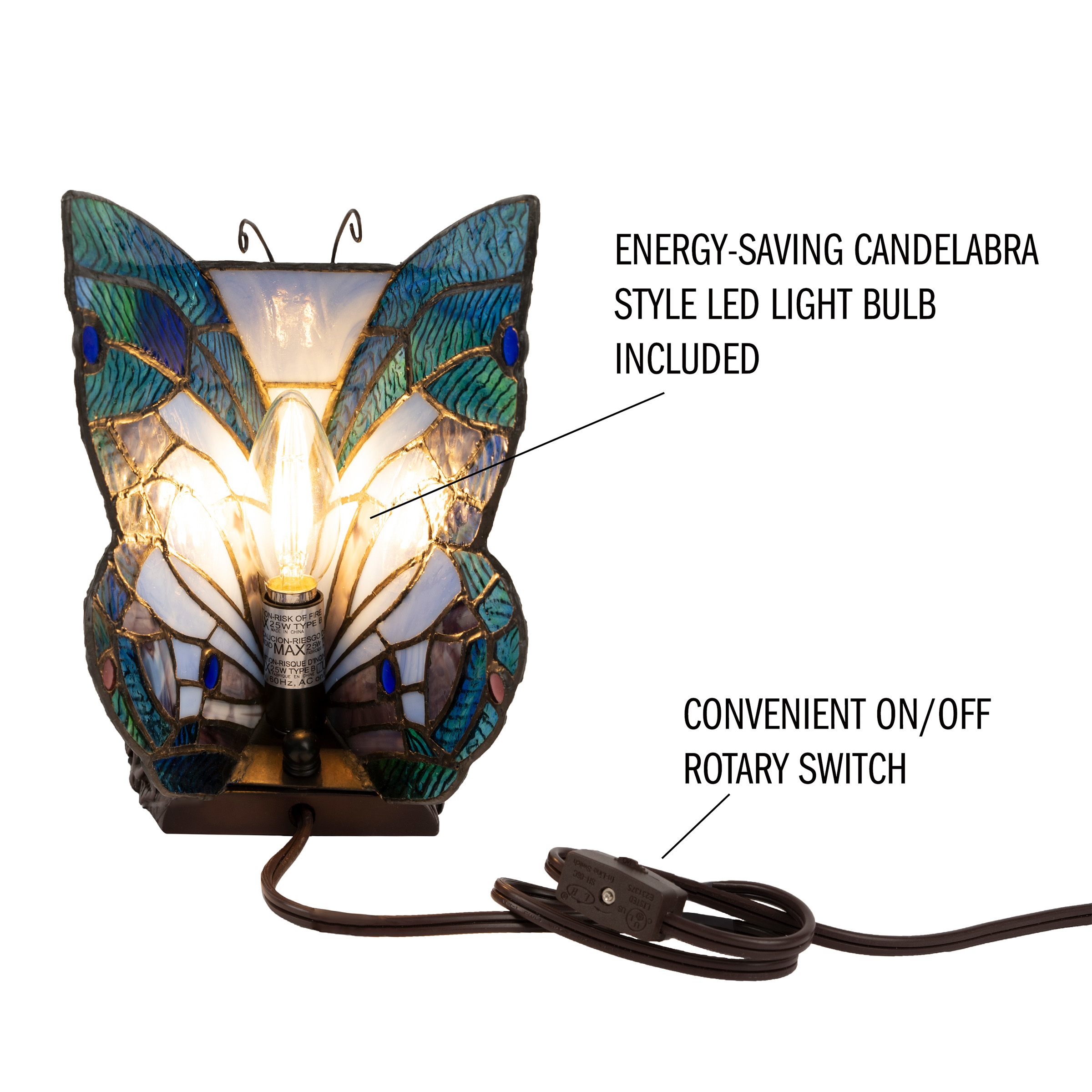 Tiffany Style Butterfly Table Desk Lamp Stained Glass LED Bulb Lighted Artwork