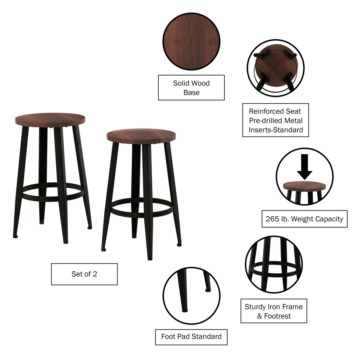 Set Of 2 Counter Height Stools Wood Seat Metal Iron Legs 24 In Kitchen Seating