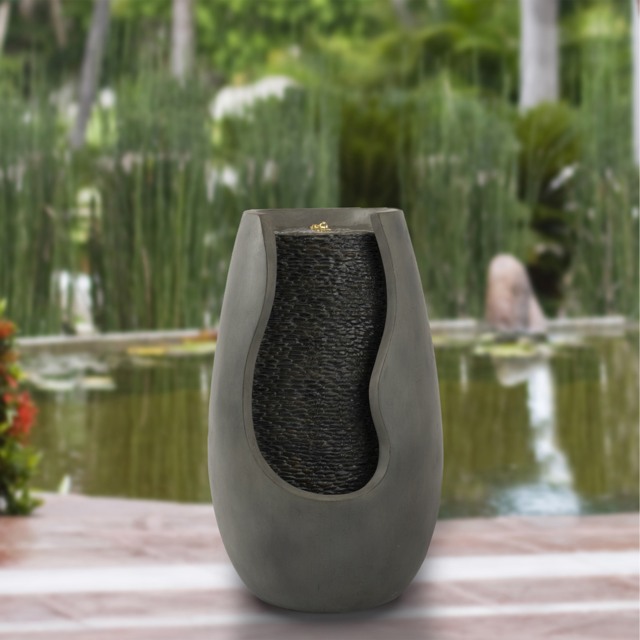 Outdoor Water Fountain 2 Gallon LED Light Concrete Calming Zen Weighs 25 Lbs