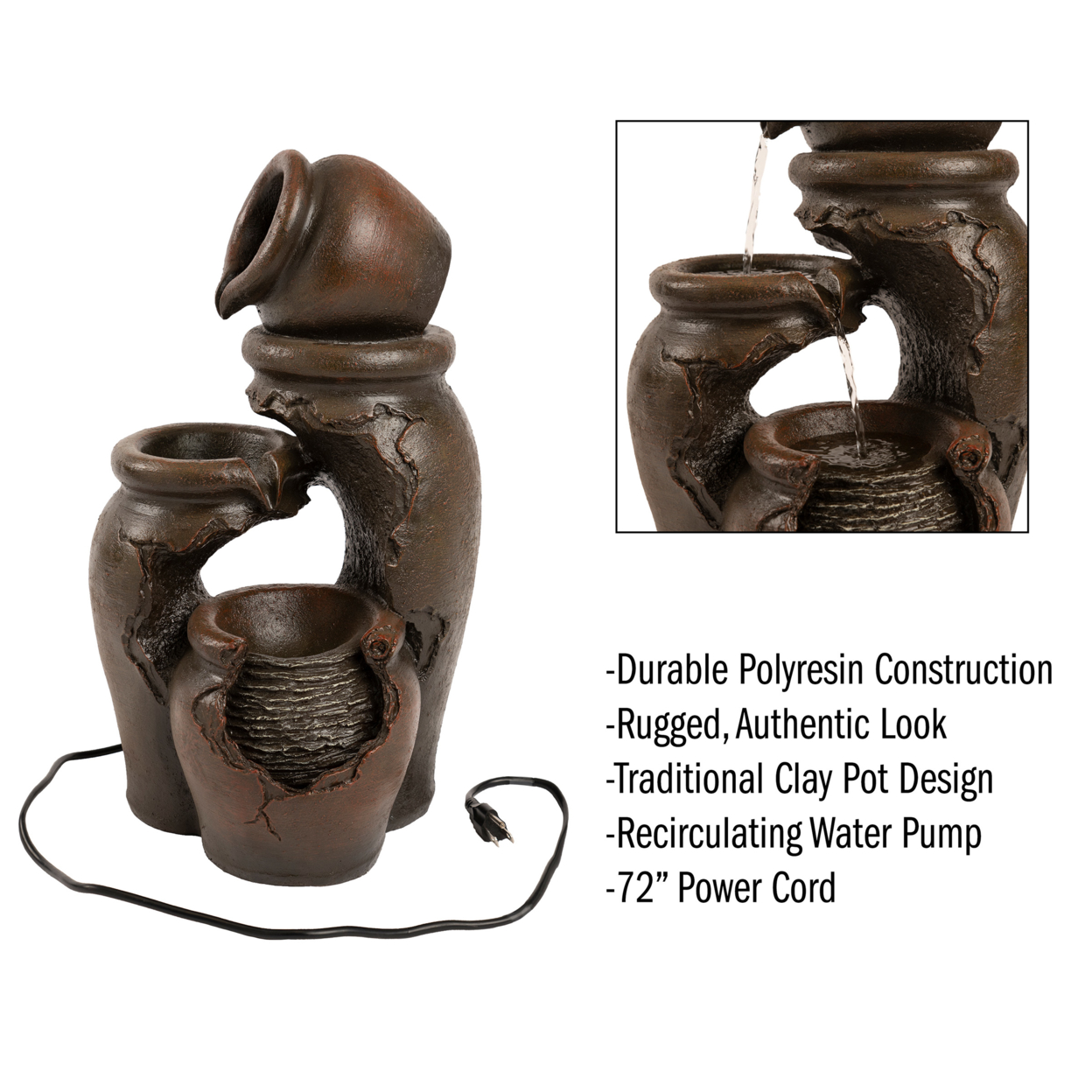 Outdoor Water Fountain Resin Clay Pots 3 Tiers 22 Inch Tall With Pump Included