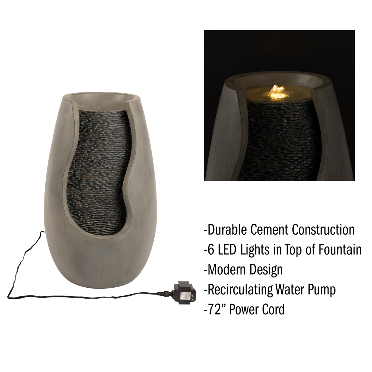 Outdoor Water Fountain 2 Gallon LED Light Concrete Calming Zen Weighs 25 Lbs