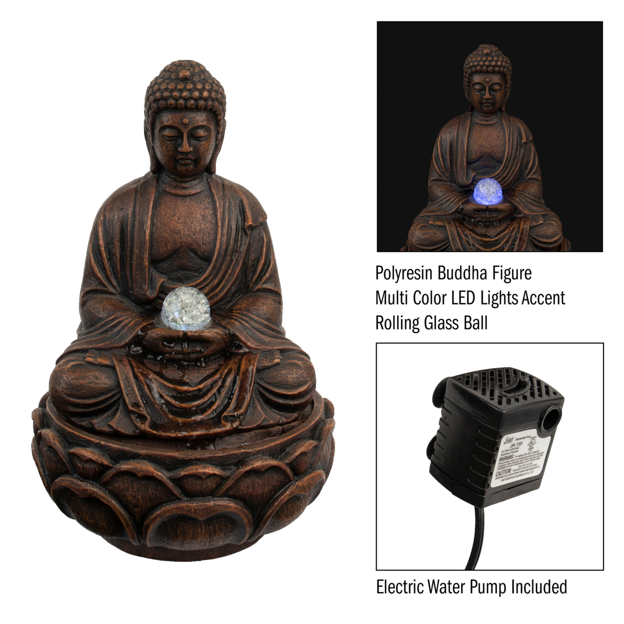 Tabletop Water Fountain Buddha Figure LED Glass Ball Soothing Sound Indoor