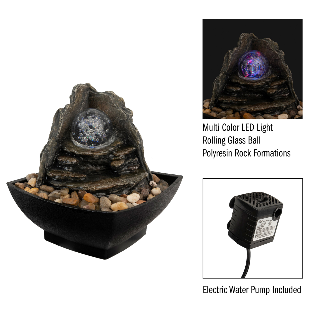 Tabletop Water Fountain Faux Rock Stones Cavern LED Light Glass Rolling Ball