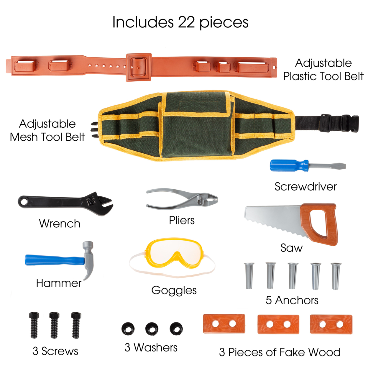 Pretend Play Kids Toddlers Tool Belt Handymans Kit Saw Hammer Hand Tools Pliers