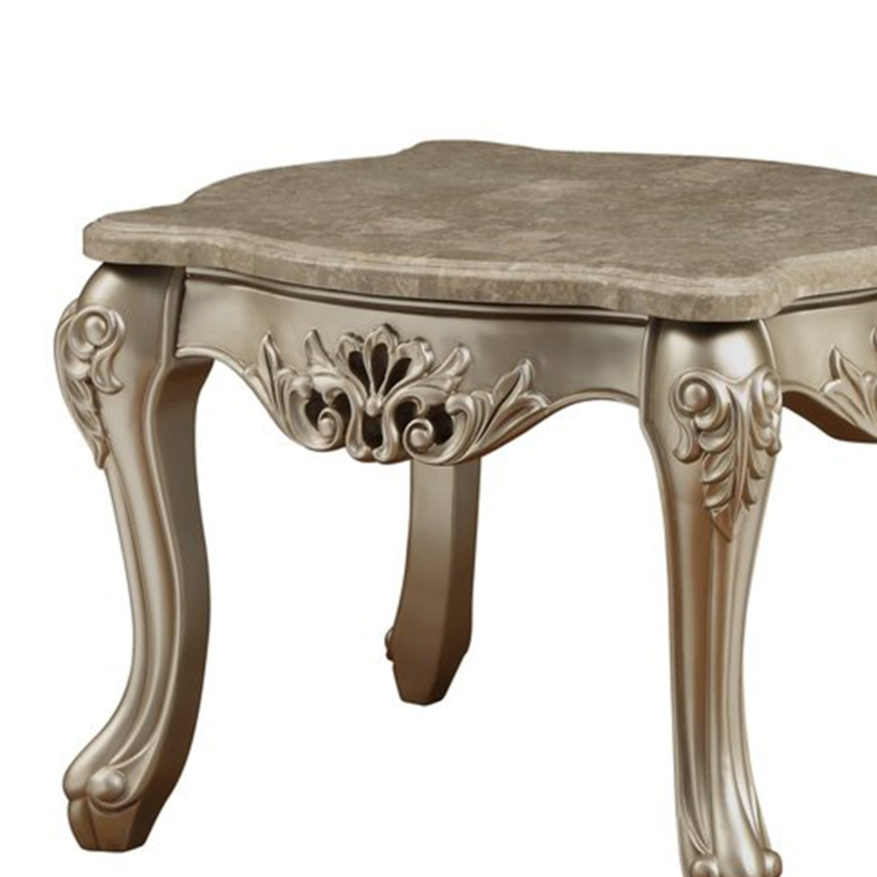 Marble Top Wooden End Table With Queen Anne Style Legs, Champagne Gold- Saltoro Sherpi