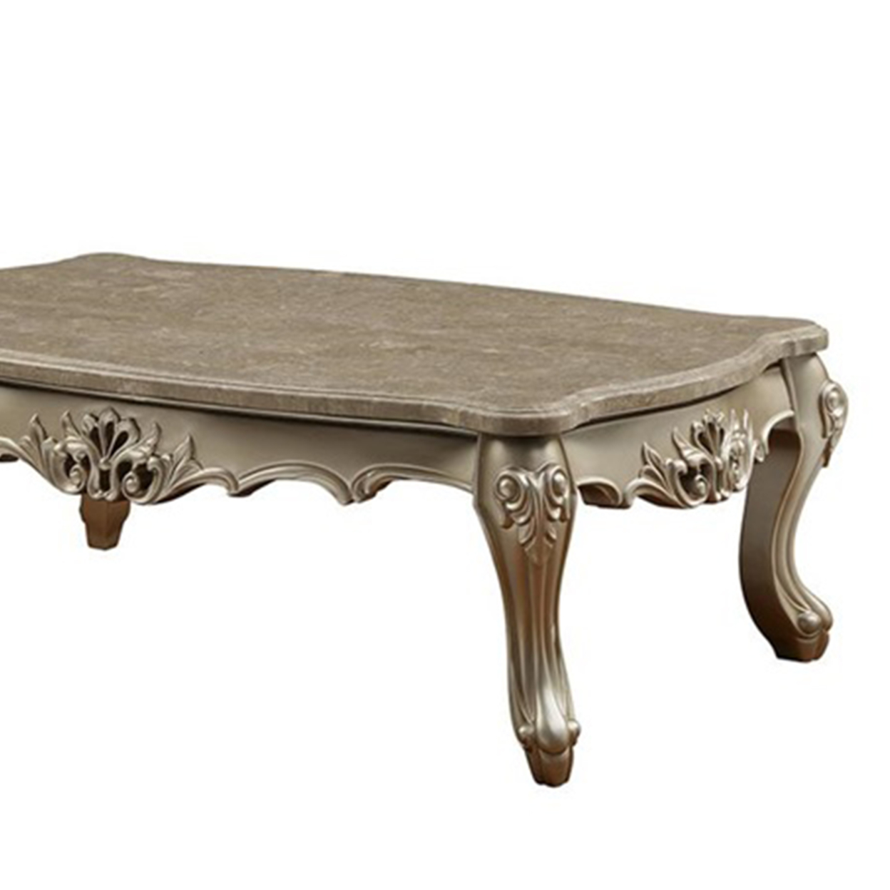 Marble Top Wooden Coffee Table With Queen Anne Style Legs, Champagne Gold- Saltoro Sherpi