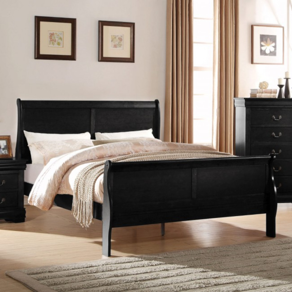Elegant Modern Style Queen Size Sleigh Bed, Black- Saltoro Sherpi