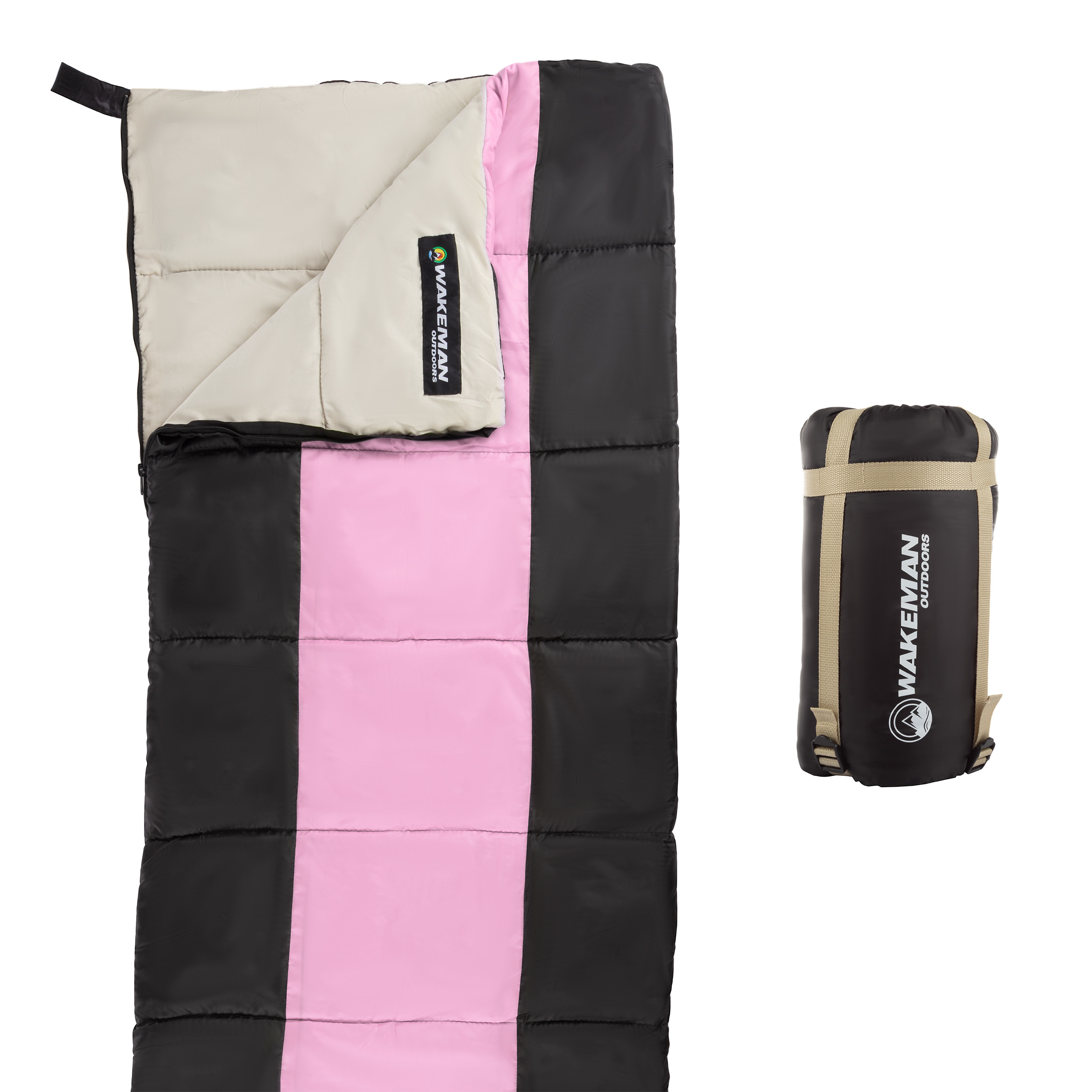Kids Lightweight Sleeping Bag Camping Hiking Sleepovers Bonfires Easy Carry 66 Inches - Pink And Black