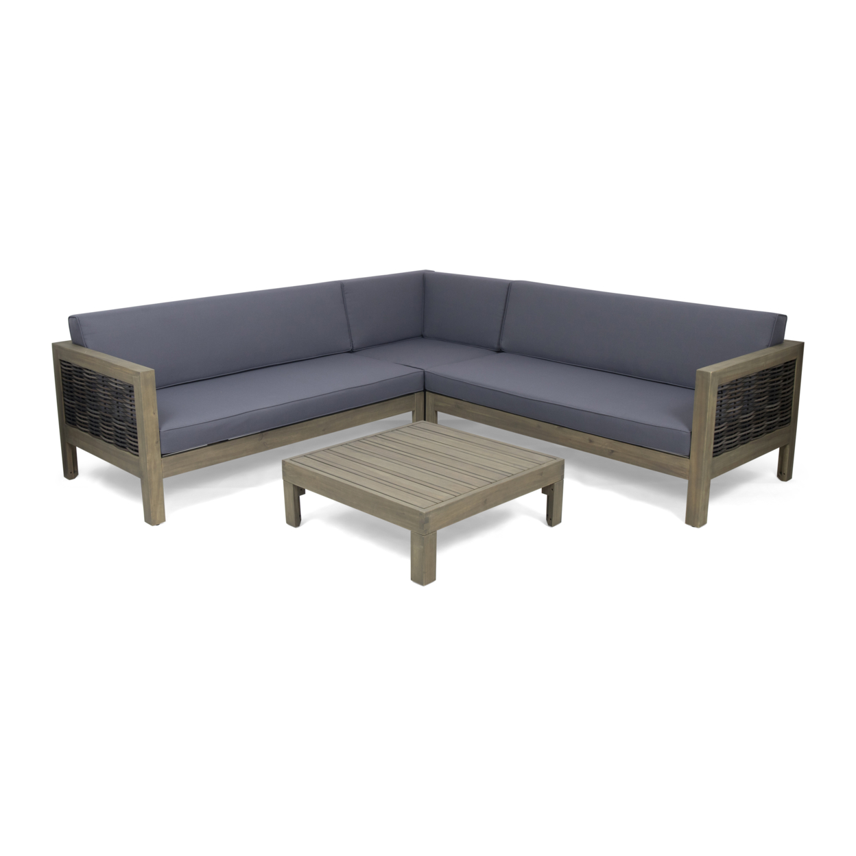 Elizabeth Outdoor Wood And Wicker 5 Seater Sectional Sofa And Coffee Table Set - Gray, Mixed Brown, Dark Gray