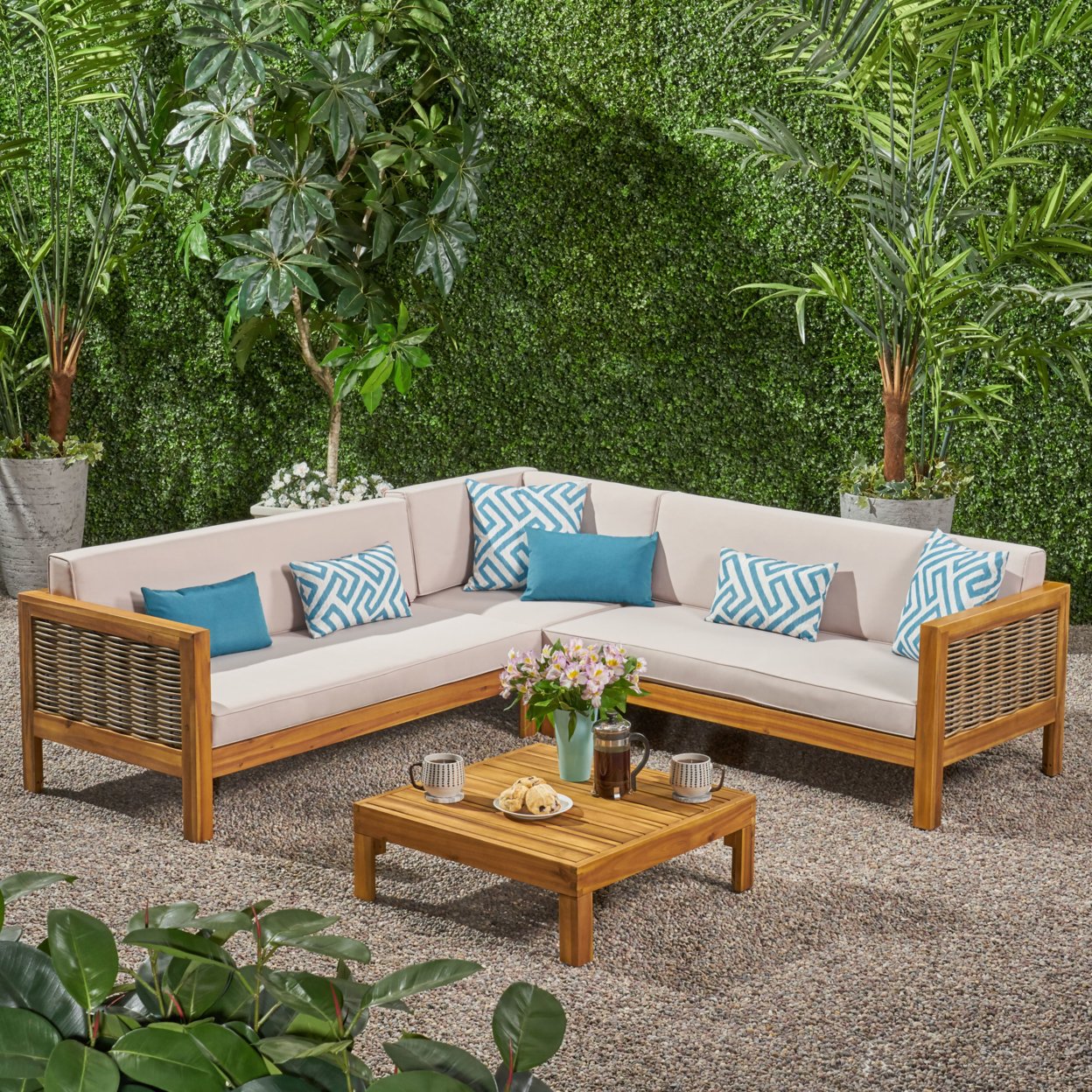 Elizabeth Outdoor Wood And Wicker 5 Seater Sectional Sofa And Coffee Table Set - Teak, Mixed Brown, Beige