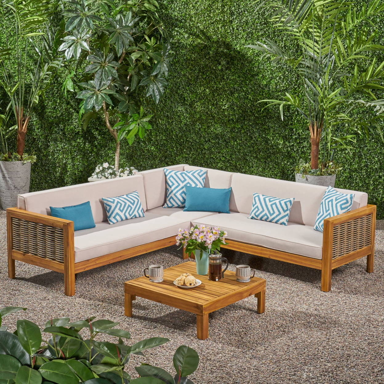 Elizabeth Outdoor Wood And Wicker 5 Seater Sectional Sofa And Coffee Table Set - Gray, Mixed Brown, Dark Gray