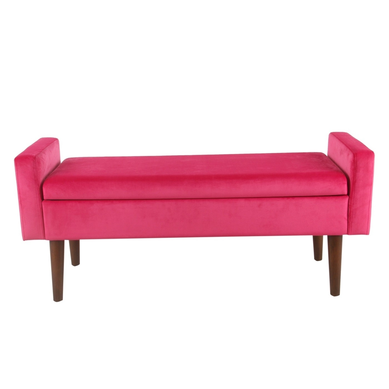 Velvet Upholstered Wooden Bench With Tapered Legs And Track Armrest, Pink And Brown- Saltoro Sherpi