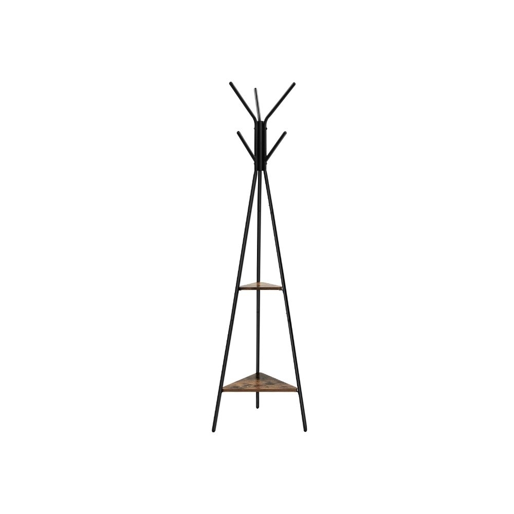 Iron Framed Coat Rack Stand With Six Hooks And Two Wooden Shelf, Black And Brown- Saltoro Sherpi