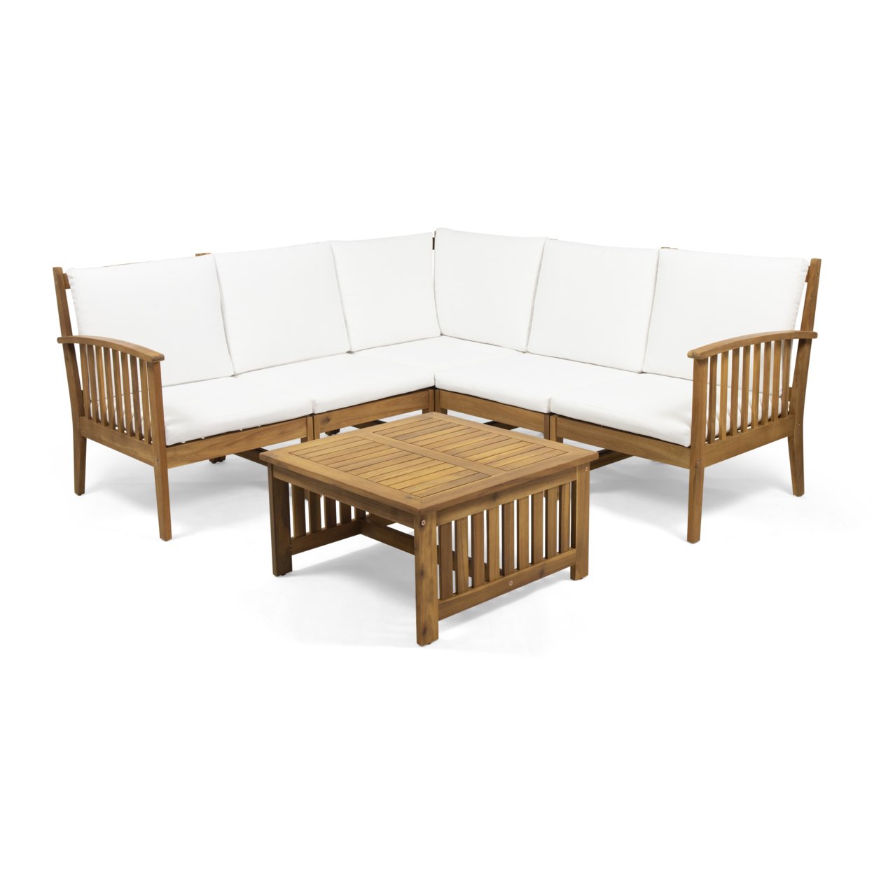 Maud Outdoor 5 Seater Acacia Wood Sofa Sectional Set - Brown Patina, White