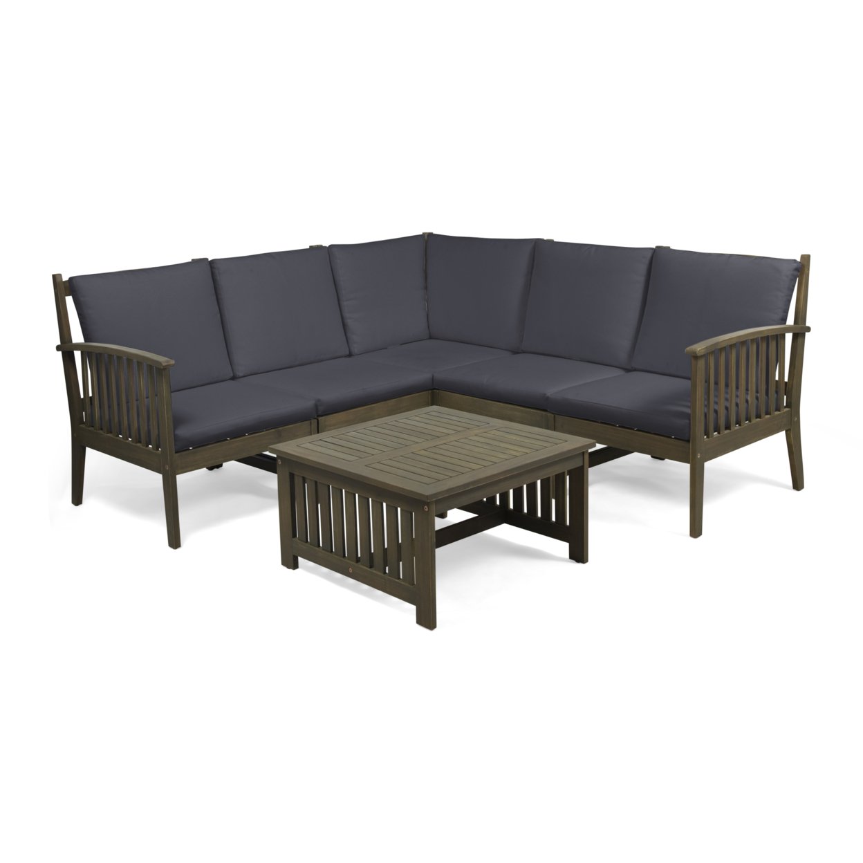 Maud Outdoor 5 Seater Acacia Wood Sofa Sectional Set - Gray, Dark Gray