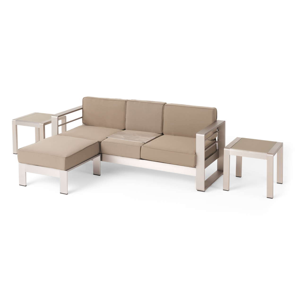 Stacy Outdoor 3 Seater Aluminum Sofa And Ottoman Set With Side Tables