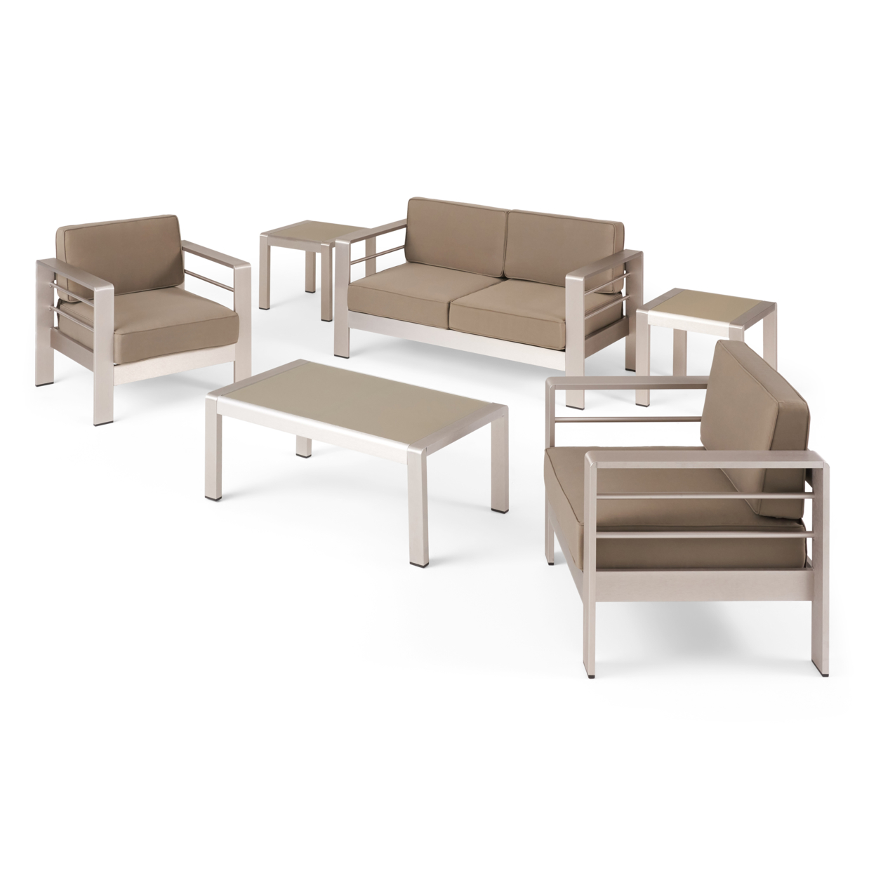 Snowy Coral Outdoor 4 Seater Aluminum Chat Set With 2 Side Table - Silver, Khaki