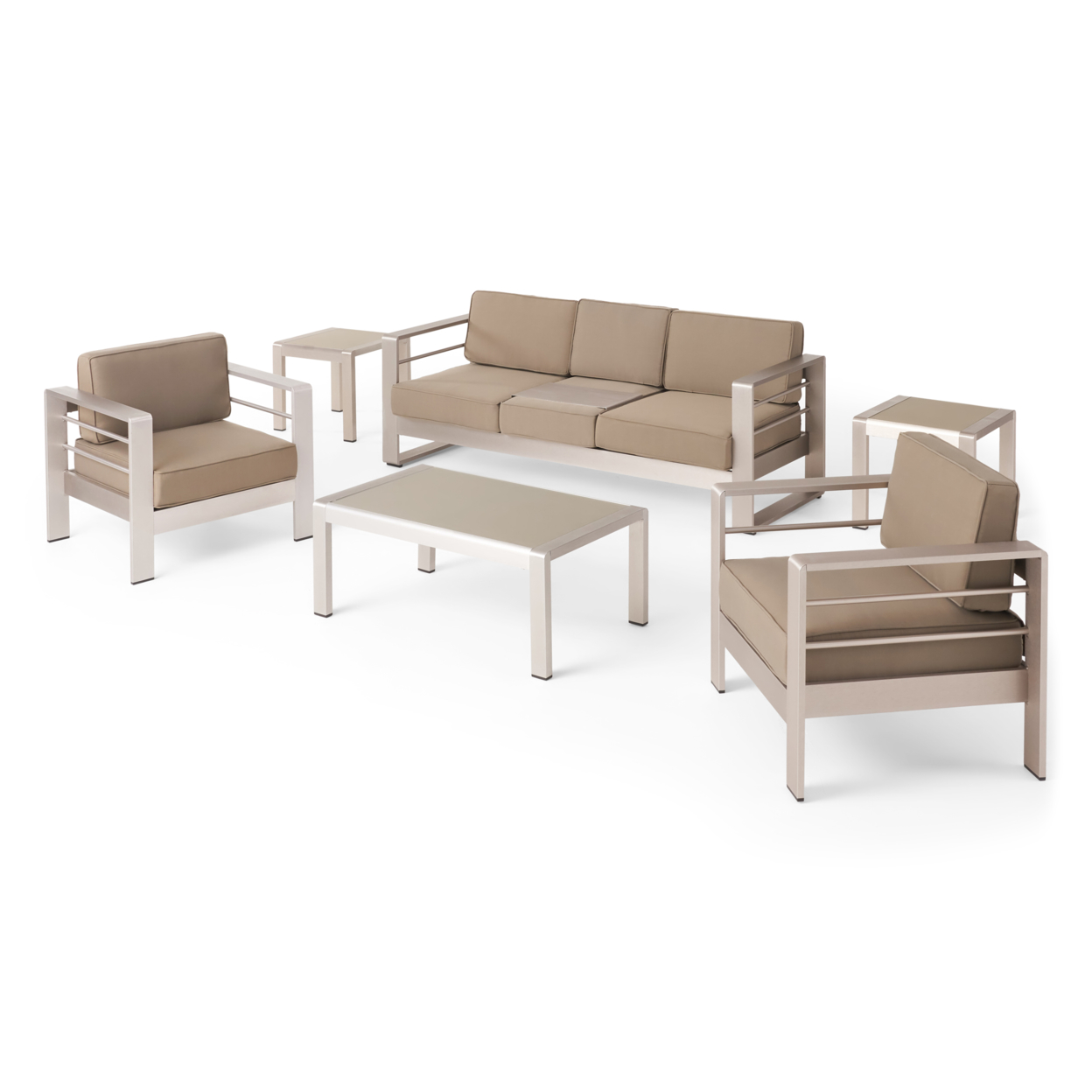 Cherie Outdoor 5 Seater Aluminum Sofa Chat Set With 2 Side Tables - Silver, Khaki