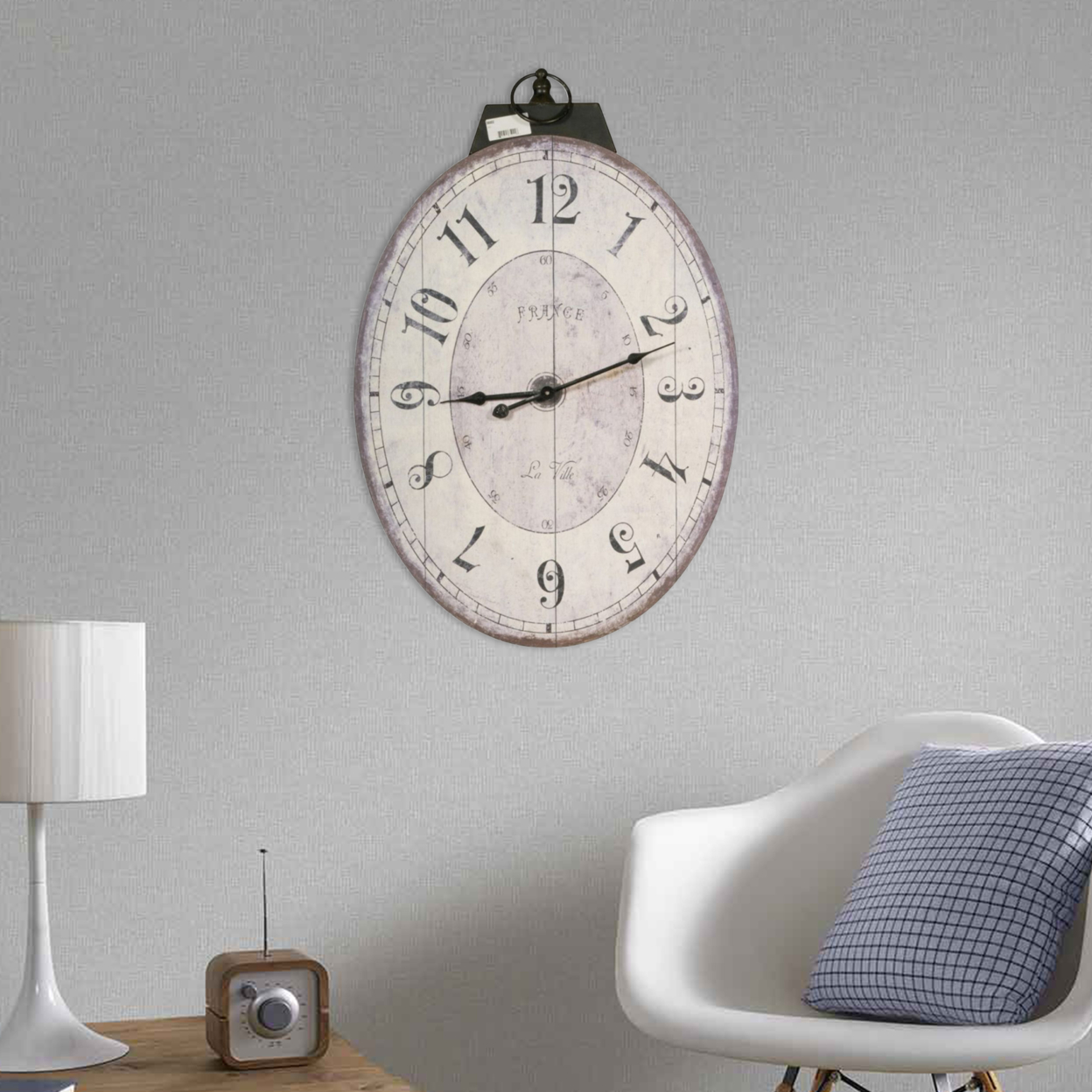 Distressed Oval Shape Wooden Wall Clock With Ring Hanger, White And Black- Saltoro Sherpi