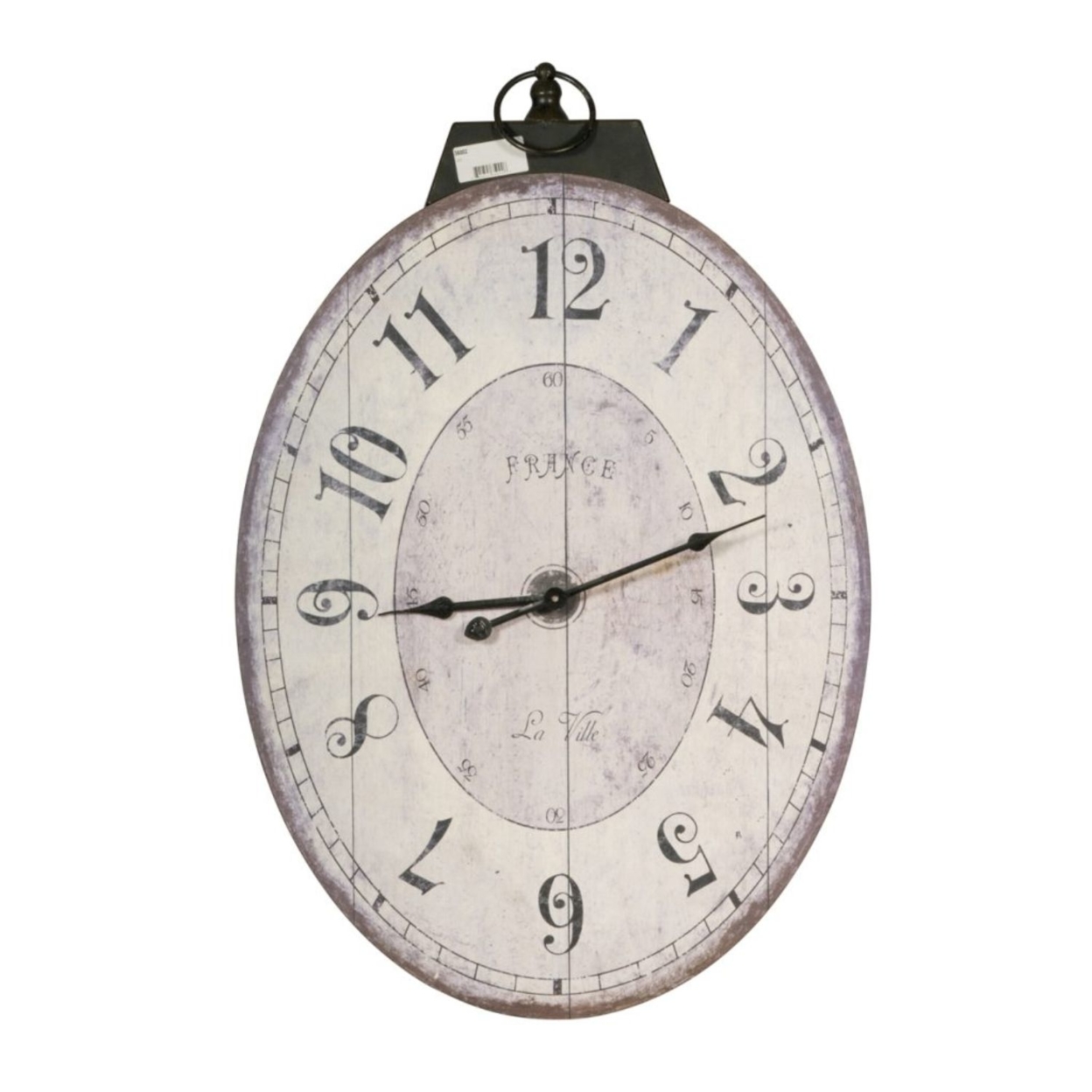 Distressed Oval Shape Wooden Wall Clock With Ring Hanger, White And Black- Saltoro Sherpi