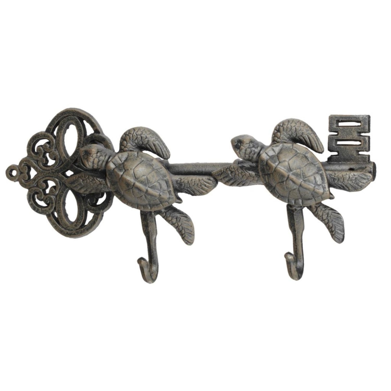Decorative Sea Turtles Iron Wall Hook On Antique Key, Gray- Saltoro Sherpi
