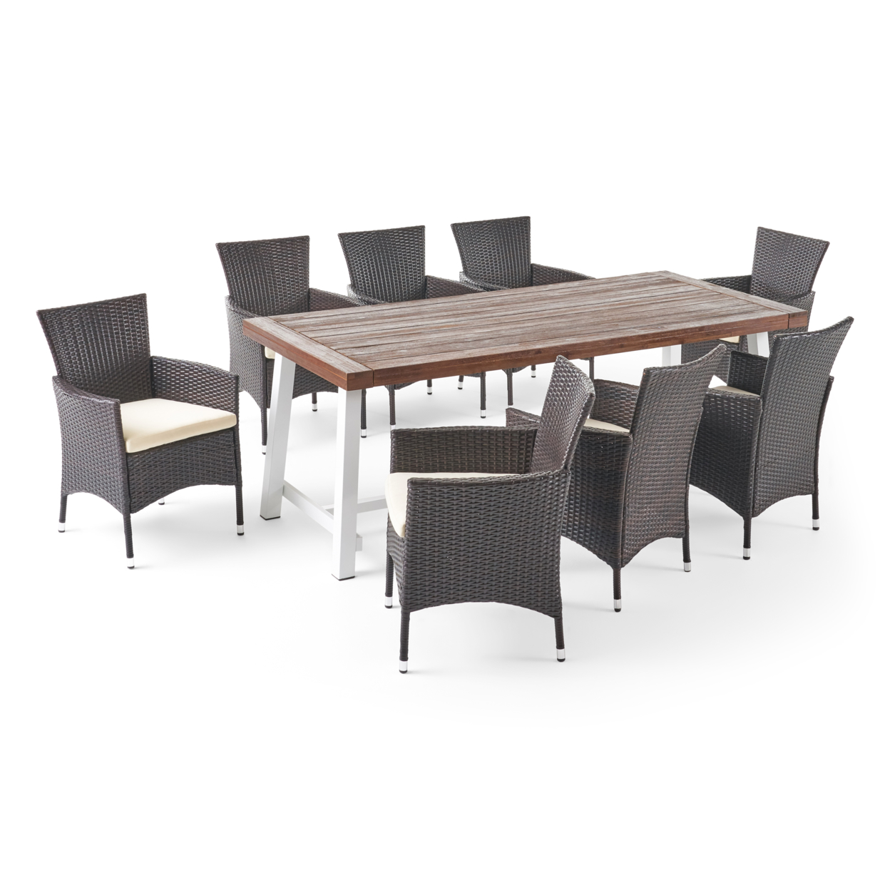 Mayson Outdoor Wood And Wicker 8 Seater Dining Set - Dark Brown, White, Multibrown, Beige